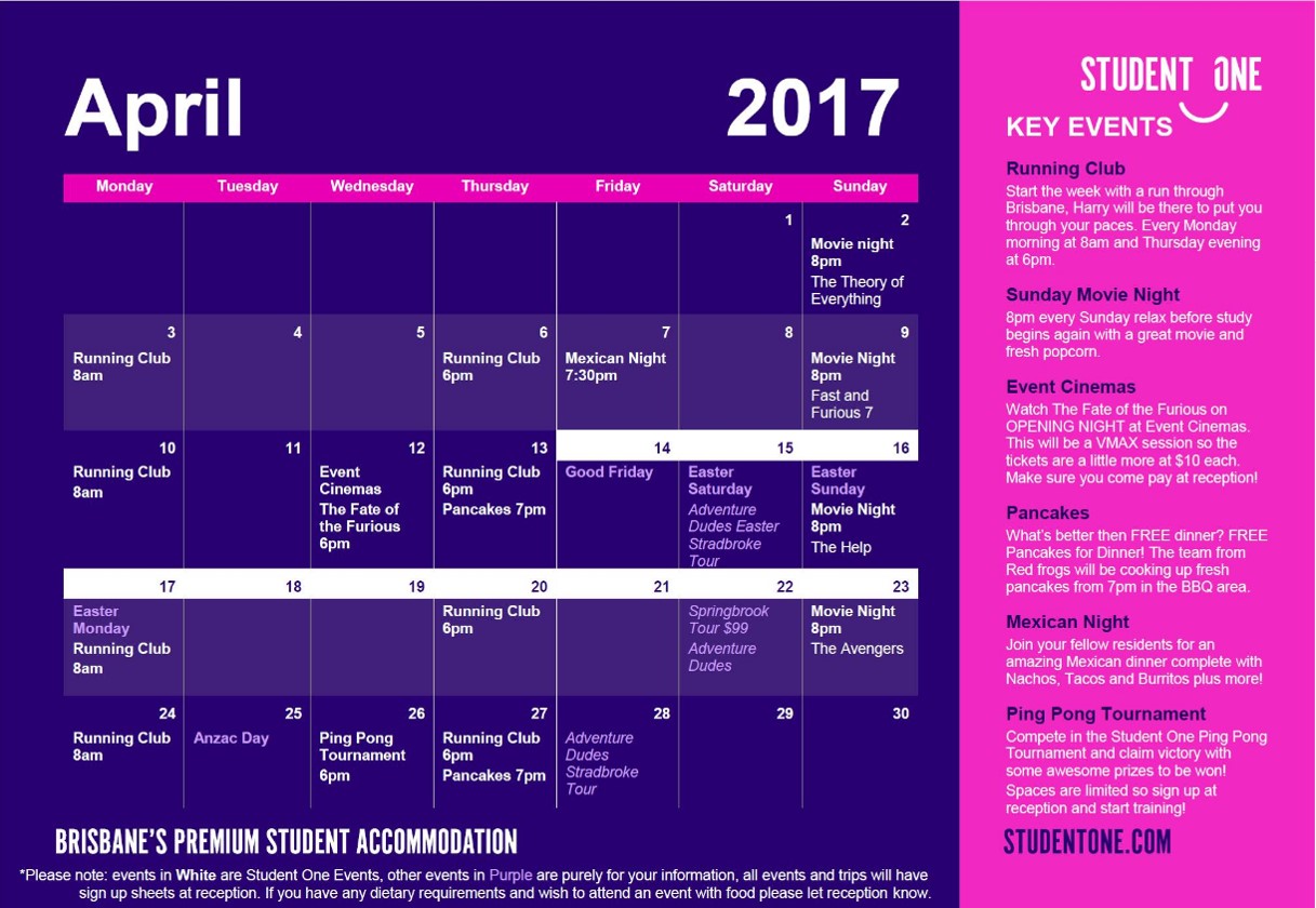 S1 April events calendar is out