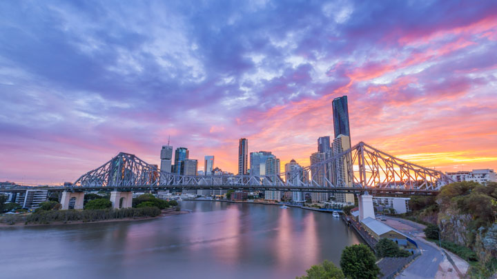 Sunset over Brisbane City and Story Bridge